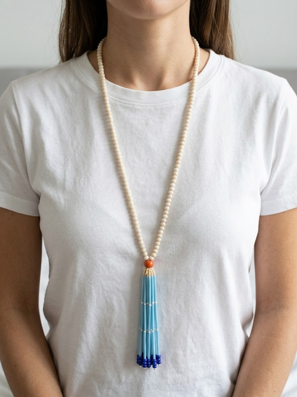 Boho Long Beaded Tassel Necklace Cream Blue Bugle Beads